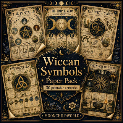 Printable grimoire pages featuring Wiccan symbols on aged parchment paper with gold accents and detailed mystical illustrations.