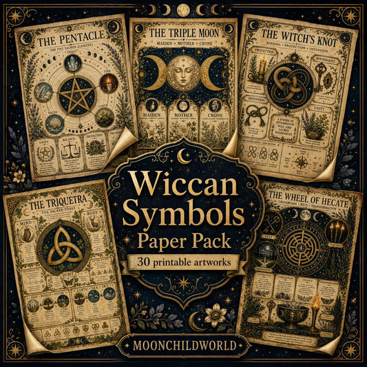 Printable grimoire pages featuring Wiccan symbols on aged parchment paper with gold accents and detailed mystical illustrations.