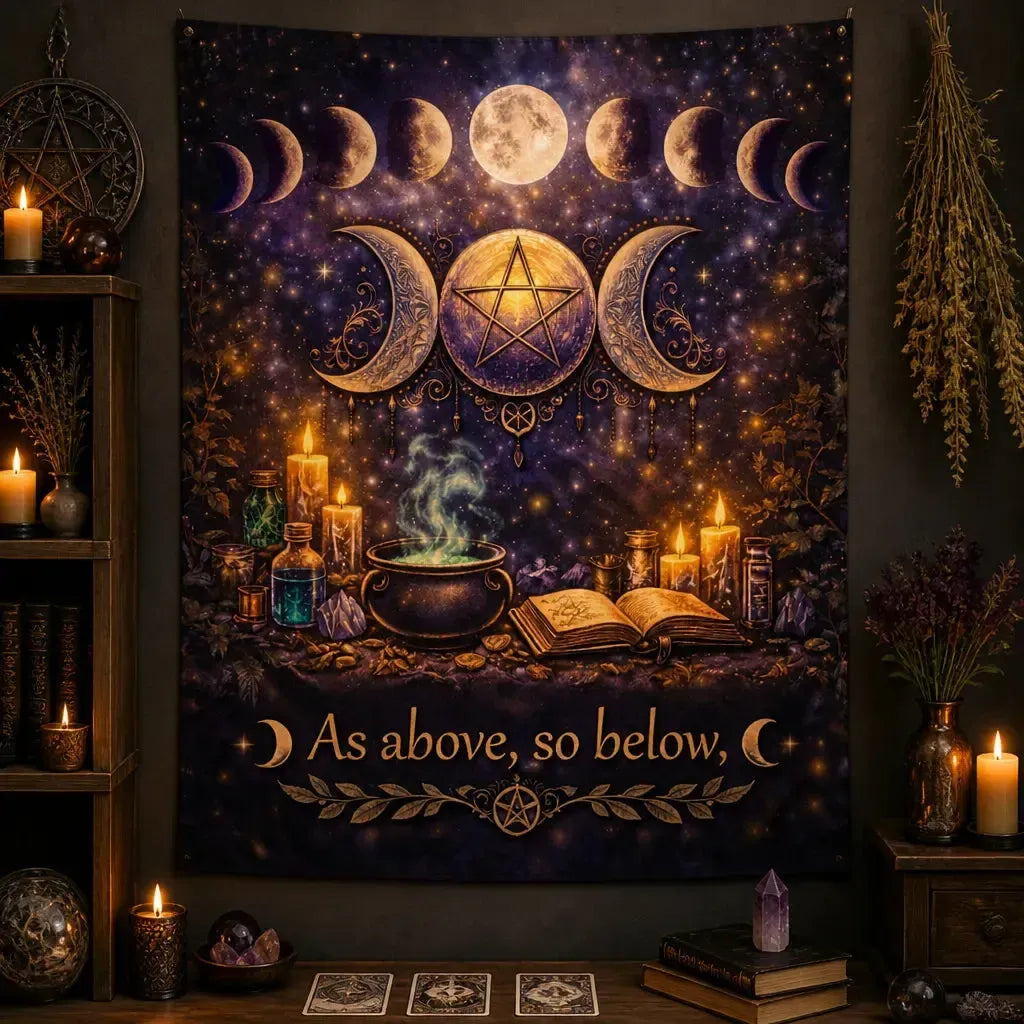 Wicca Tapestry with Pentagram, Triple Moon, Moon Phases - Pagan Altar Wall Hanging_mockup_2.webp