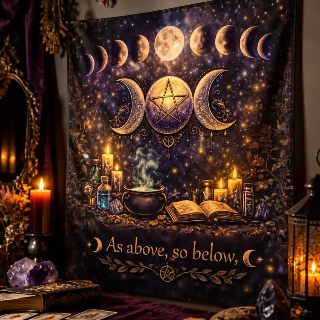Wicca Tapestry with Pentagram, Triple Moon, Moon Phases - Pagan Altar Wall Hanging_mockup_3.webp