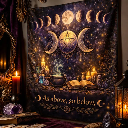Wicca Tapestry with Pentagram, Triple Moon, Moon Phases - Pagan Altar Wall Hanging_mockup_3.webp