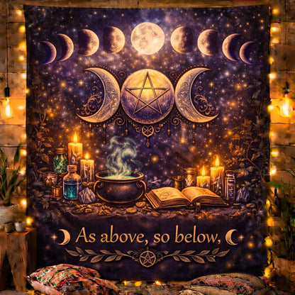 Dark purple Wicca tapestry with a large pentagram, triple moon, moon phases, cauldron, candles, and "As above, so below" text.
