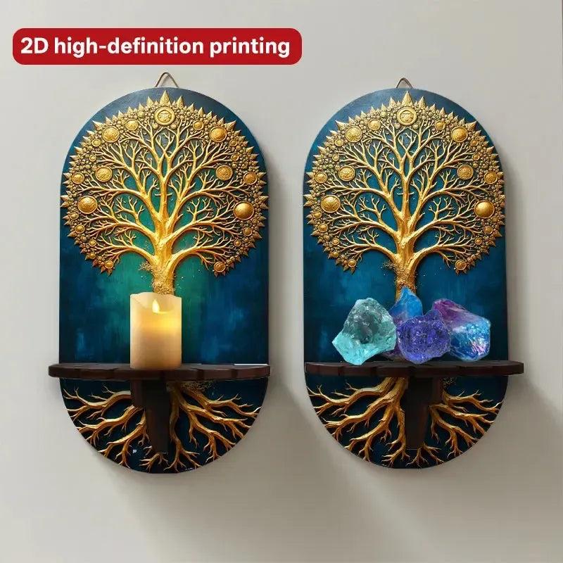 Wicca Tree of Life Wall Shelf for Crystals & Candles – Wooden Spiritual Floating Shelf Pagan Altar Decor-MoonChildWorld