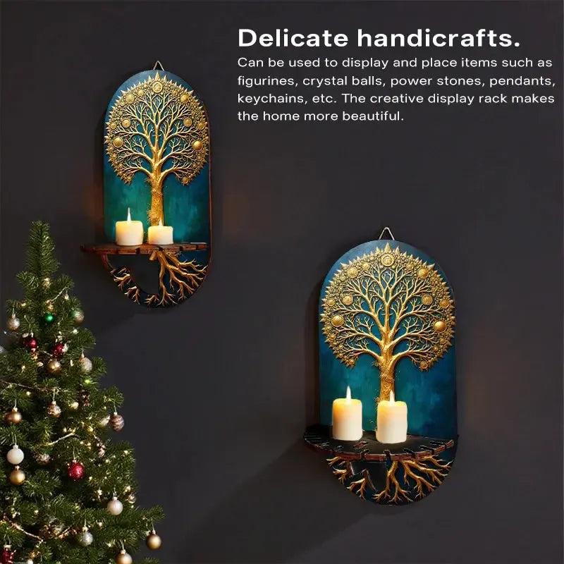 Wicca Tree of Life Wall Shelf for Crystals & Candles – Wooden Spiritual Floating Shelf Pagan Altar Decor-MoonChildWorld