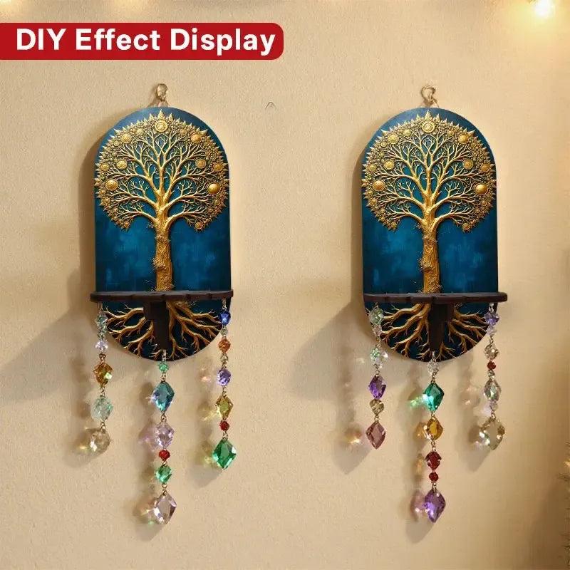 Wicca Tree of Life Wall Shelf for Crystals & Candles – Wooden Spiritual Floating Shelf Pagan Altar Decor-MoonChildWorld