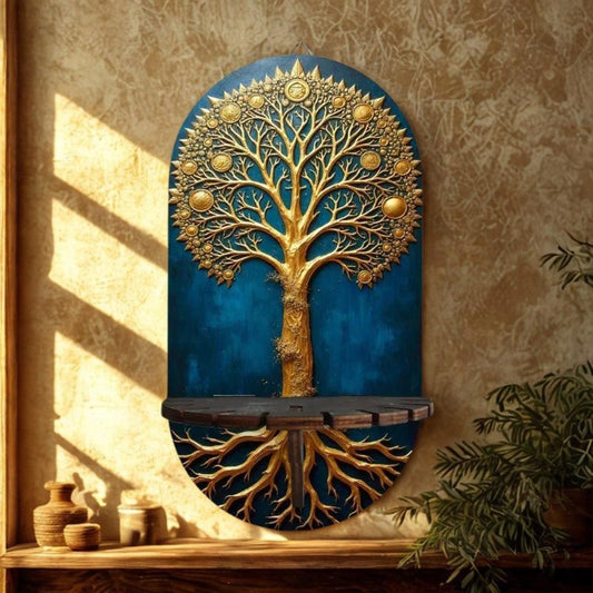 Wicca Tree of Life Wall Shelf for Crystals & Candles – Wooden Spiritual Floating Shelf Pagan Altar Decor-MoonChildWorld