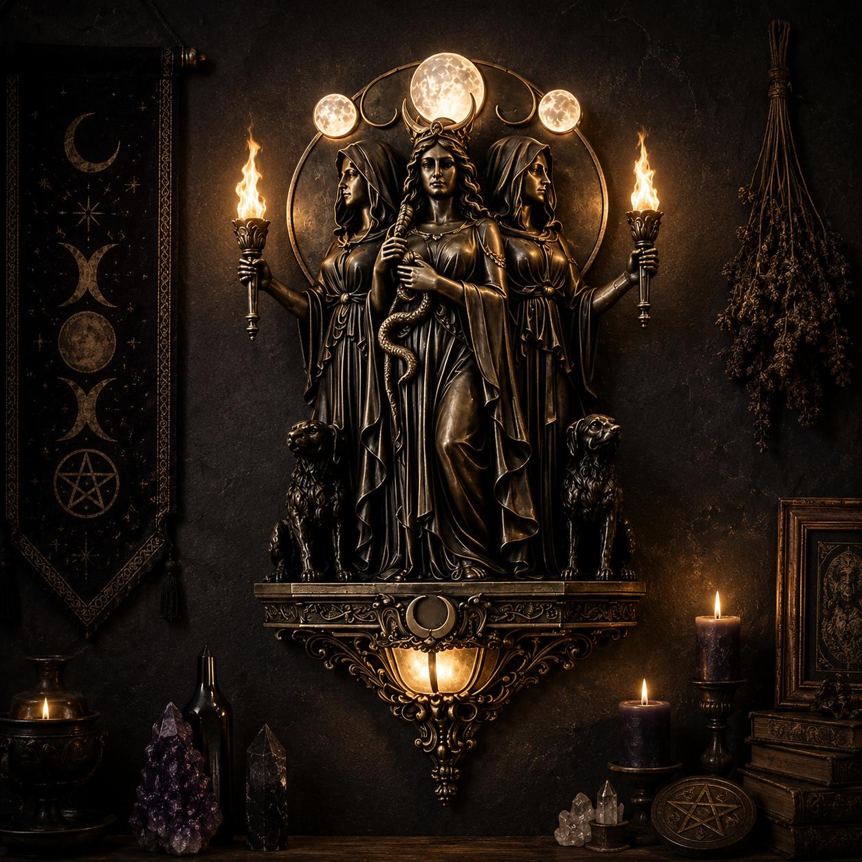 Dark bronze Triple Goddess LED wall sconce with Hecate holding a snake, flanked by hounds and torches.