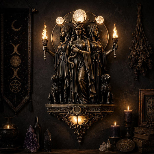 Dark bronze Triple Goddess LED wall sconce with Hecate holding a snake, flanked by hounds and torches.