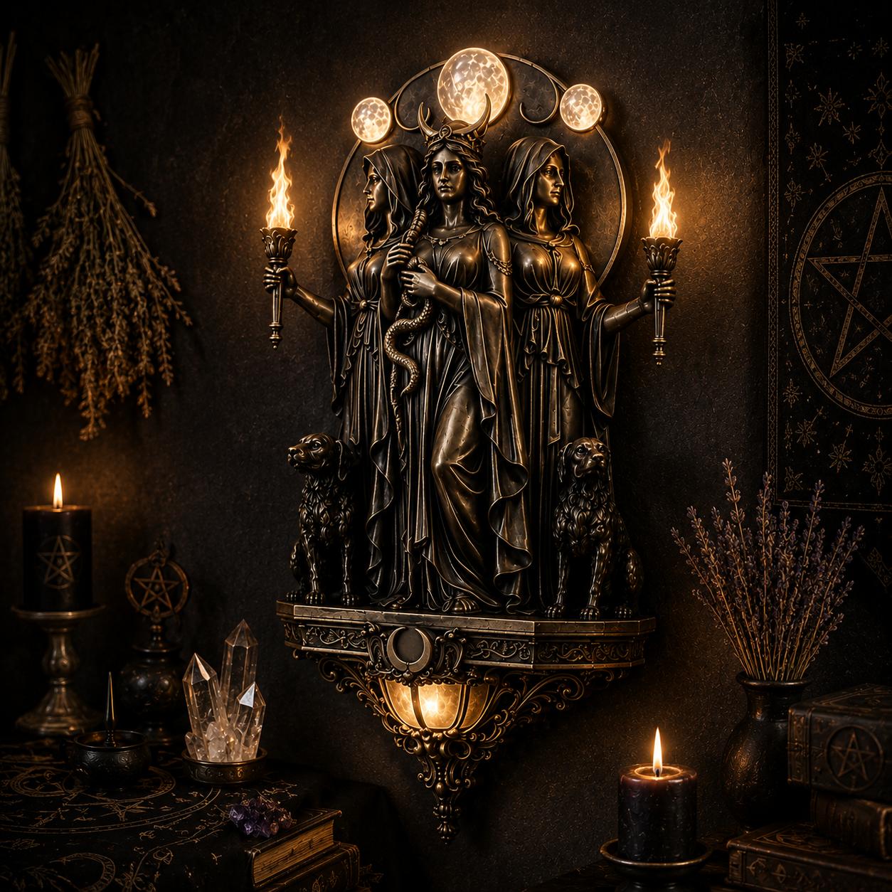Dark bronze Triple Goddess LED wall sconce with Hecate, hounds, torches, and triple moon design.