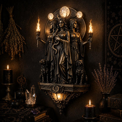 Dark bronze Triple Goddess LED wall sconce with Hecate, hounds, torches, and triple moon design.