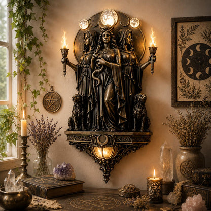 Bronze Triple Goddess LED wall sconce with Hecate, torches, hounds, and moon phases, lit by warm glow.