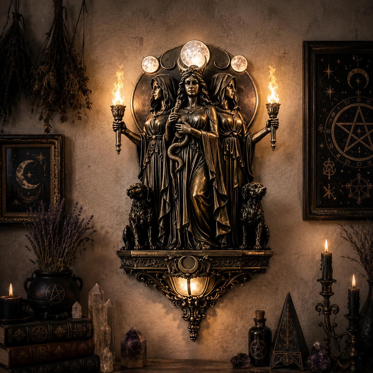 Bronze Triple Goddess LED wall sconce with Hecate, torches, hounds, and moon phases, surrounded by witchy decor.