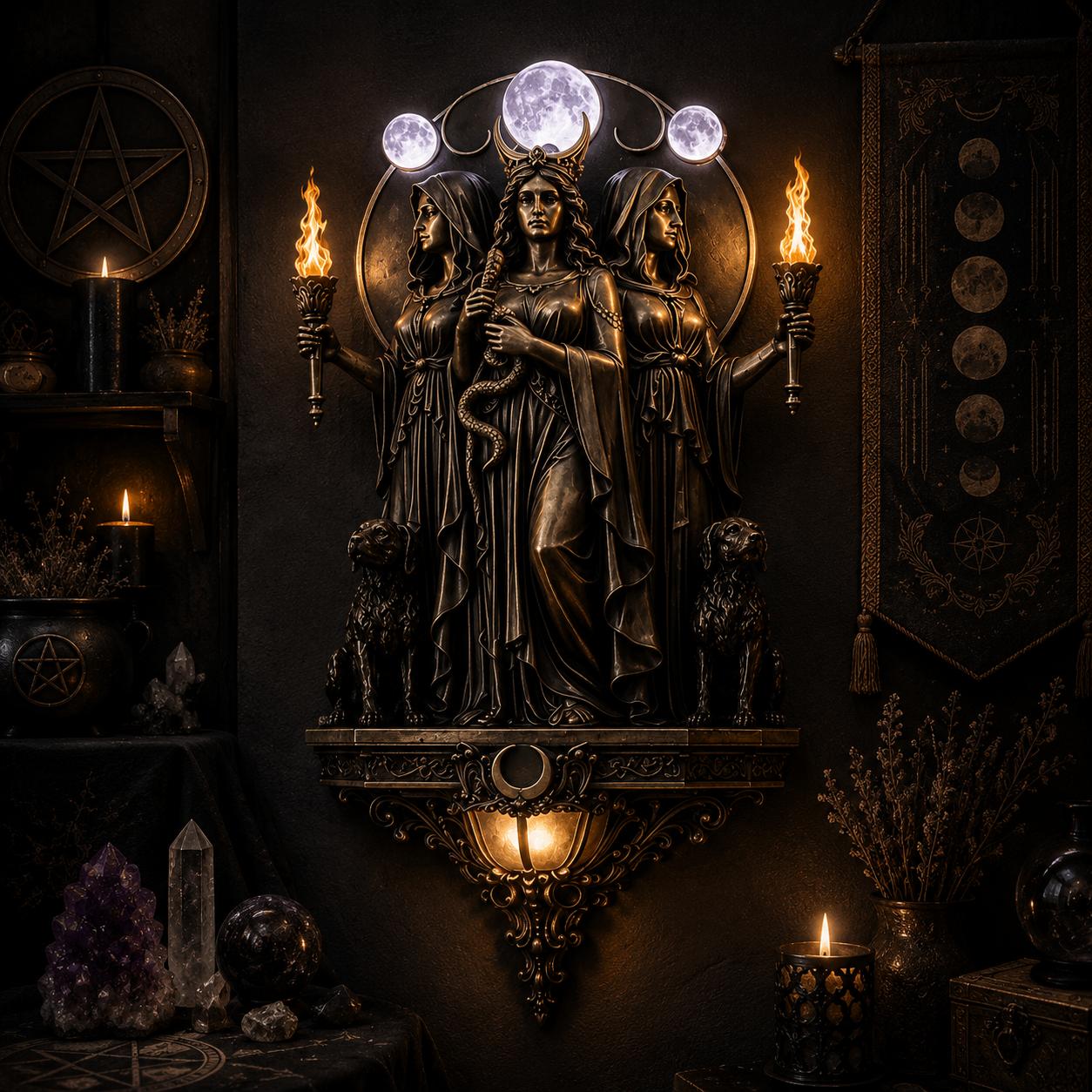 Dark bronze Triple Goddess LED wall sconce with Hecate, torches, hounds, and moon accents.