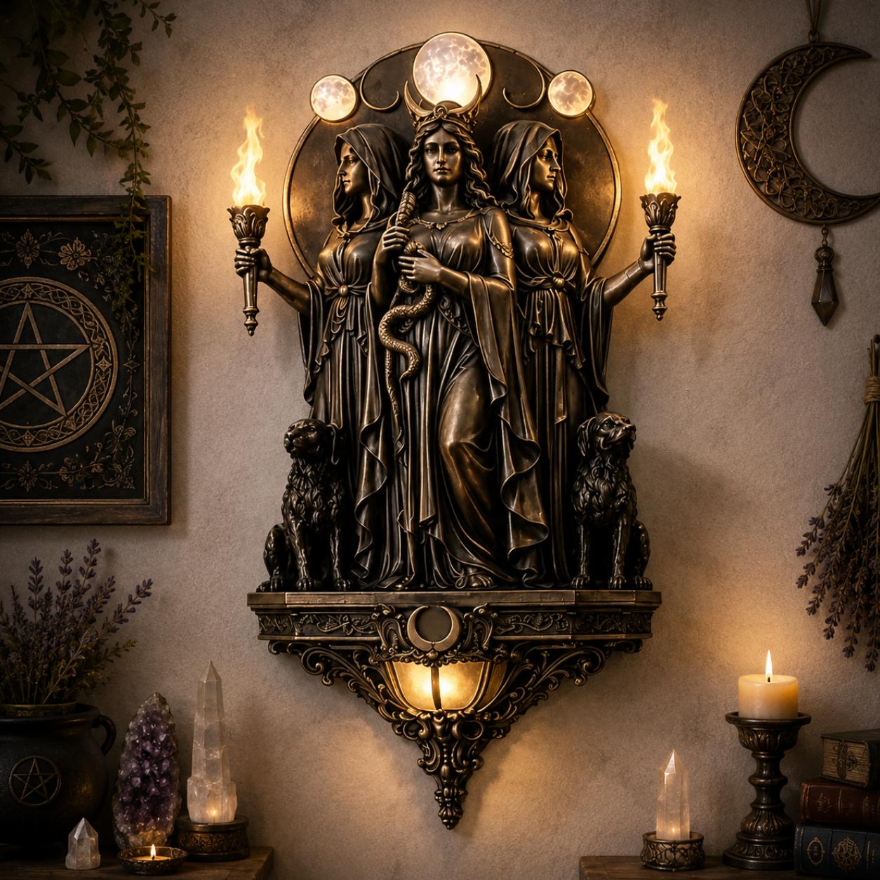 Bronze Triple Goddess Hecate LED wall sconce with torches, moons, and hounds, illuminating a witchy altar.