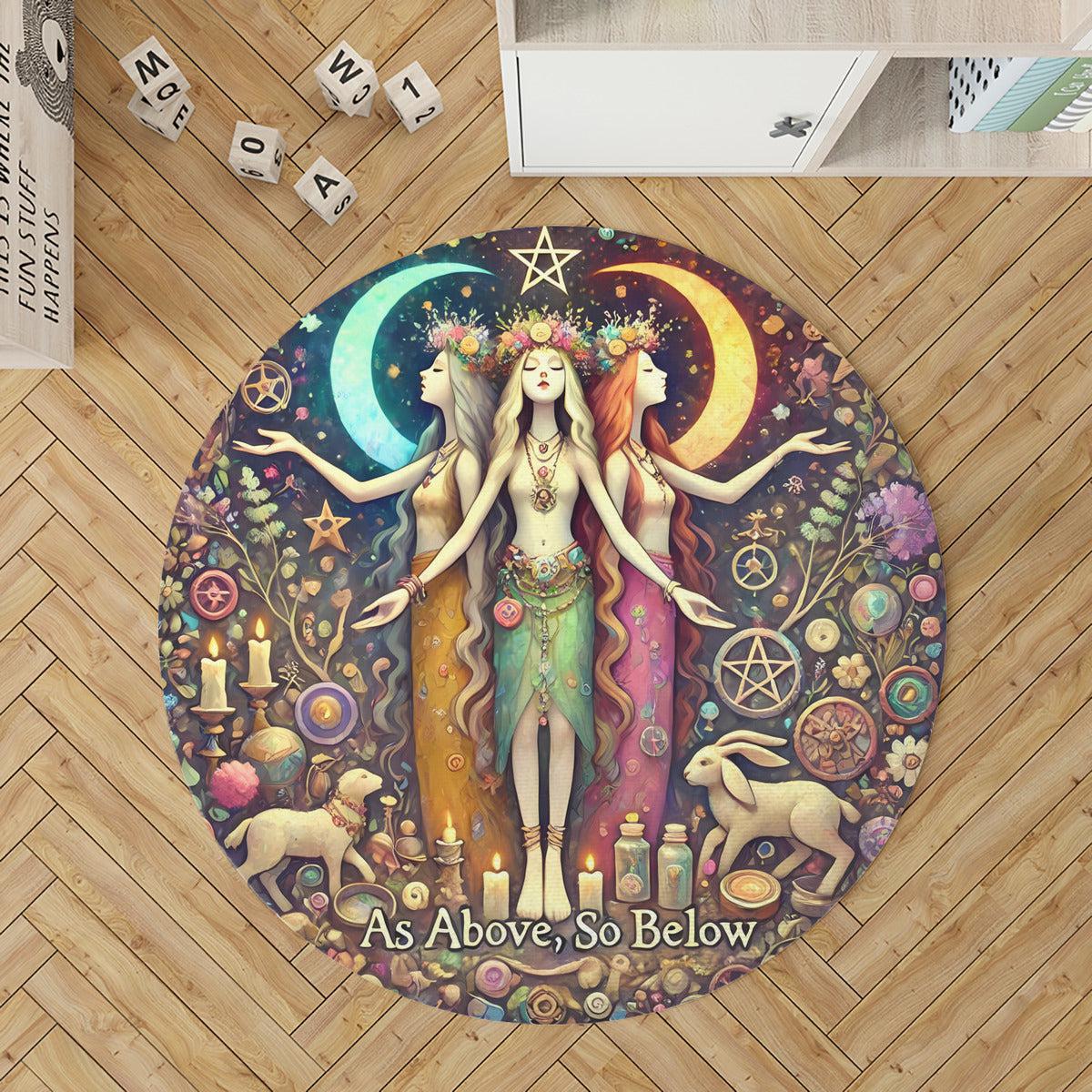 Wicca Triple Goddess Round Rug Hecate Goddess Carpet for Pagan Home Decor-MoonChildWorld