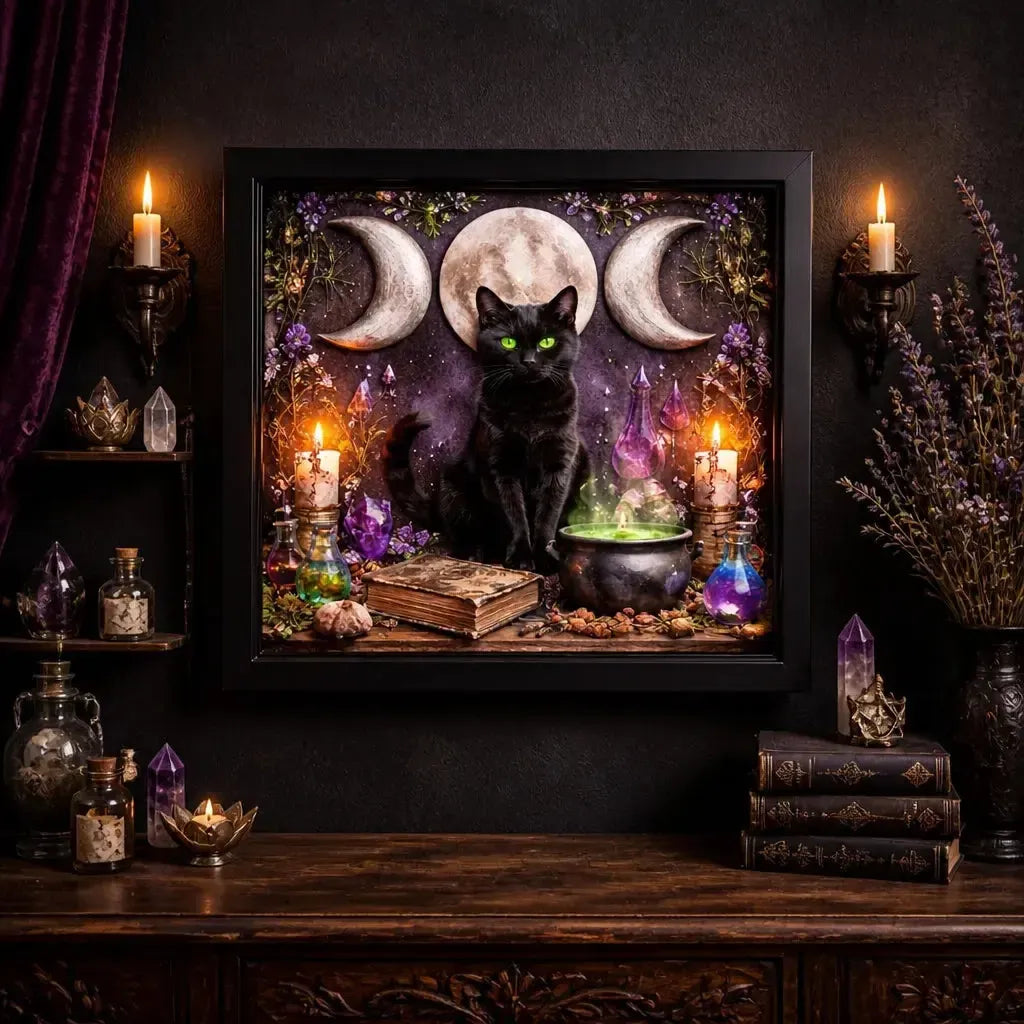 Wicca Triple Moon & Black Cat Canvas Wall Art - Pagan Black Framed Art Print Occult Wall Decor_mockup_2.webp