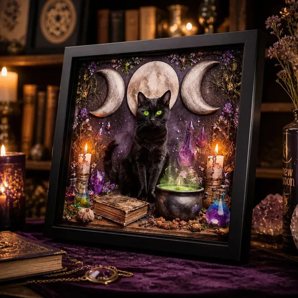 Wicca Triple Moon & Black Cat Canvas Wall Art - Pagan Black Framed Art Print Occult Wall Decor_mockup_3.webp