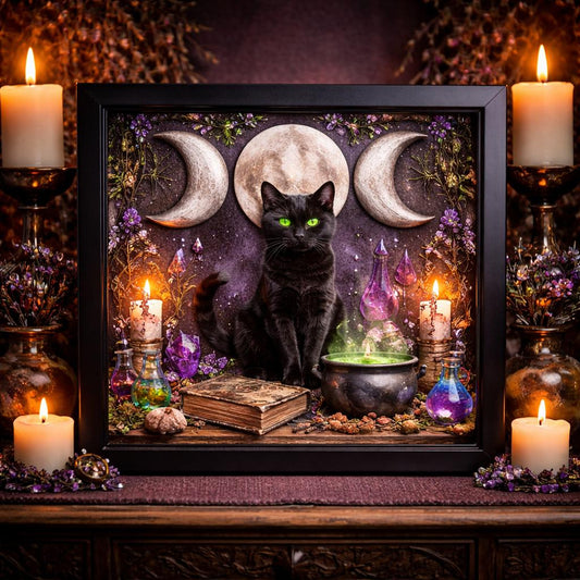 Wicca Triple Moon & Black Cat Canvas Wall Art - Pagan Black Framed Art Print Occult Wall Decor-MoonChildWorld