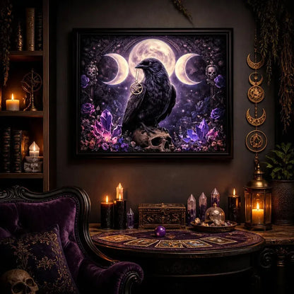Wicca Triple Moon Black Raven Black Framed Art Print - Gothic Crow Canvas Wall Art Witchy Halloween Decor_mockup_1.webp