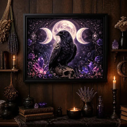 Wicca Triple Moon Black Raven Black Framed Art Print - Gothic Crow Canvas Wall Art Witchy Halloween Decor_mockup_2.webp