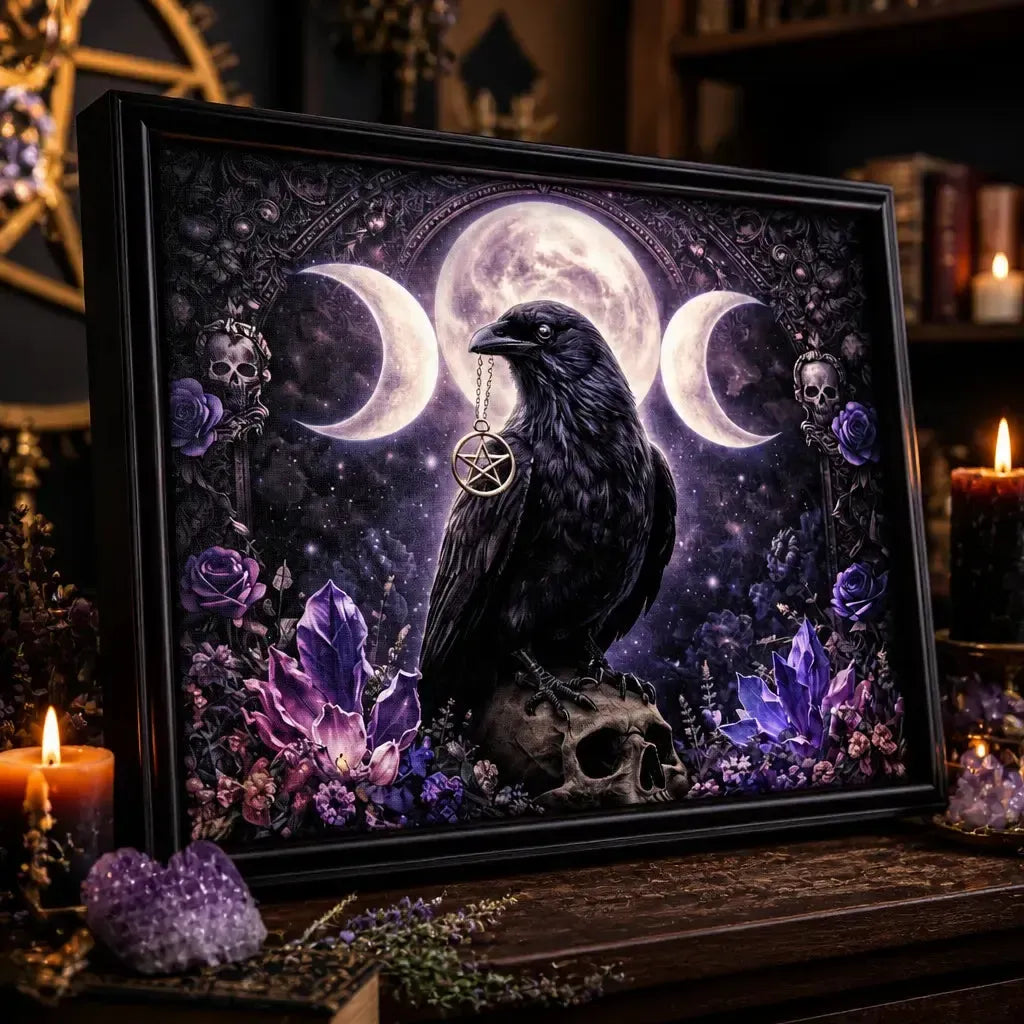 Wicca Triple Moon Black Raven Black Framed Art Print - Gothic Crow Canvas Wall Art Witchy Halloween Decor_mockup_3.webp