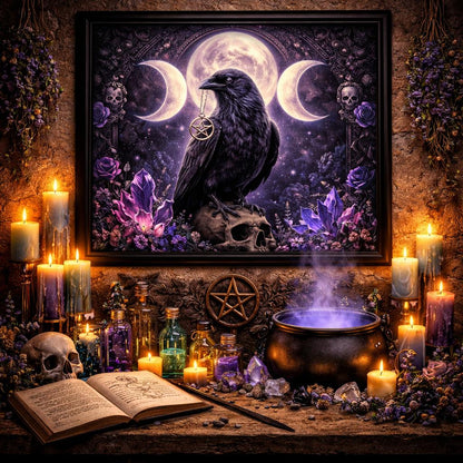 Wicca Triple Moon Black Raven Black Framed Art Print - Gothic Crow Canvas Wall Art Witchy Halloween Decor-MoonChildWorld