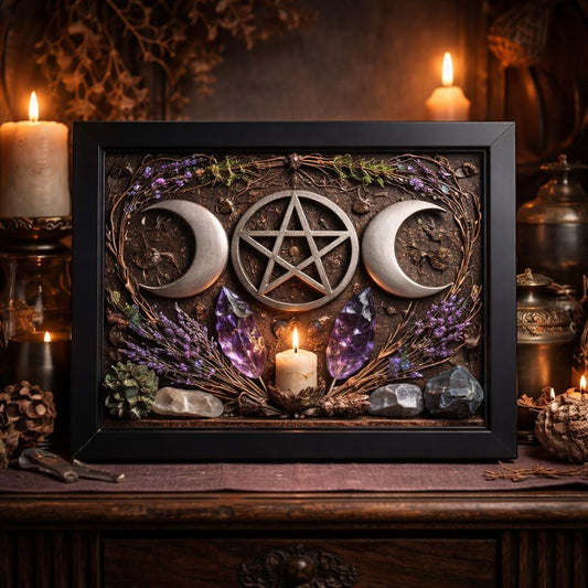 Wicca Triple Moon Canvas Wall Art - Pentacle Pagan Black Framed Art Print Occult Wall Decor-MoonChildWorld