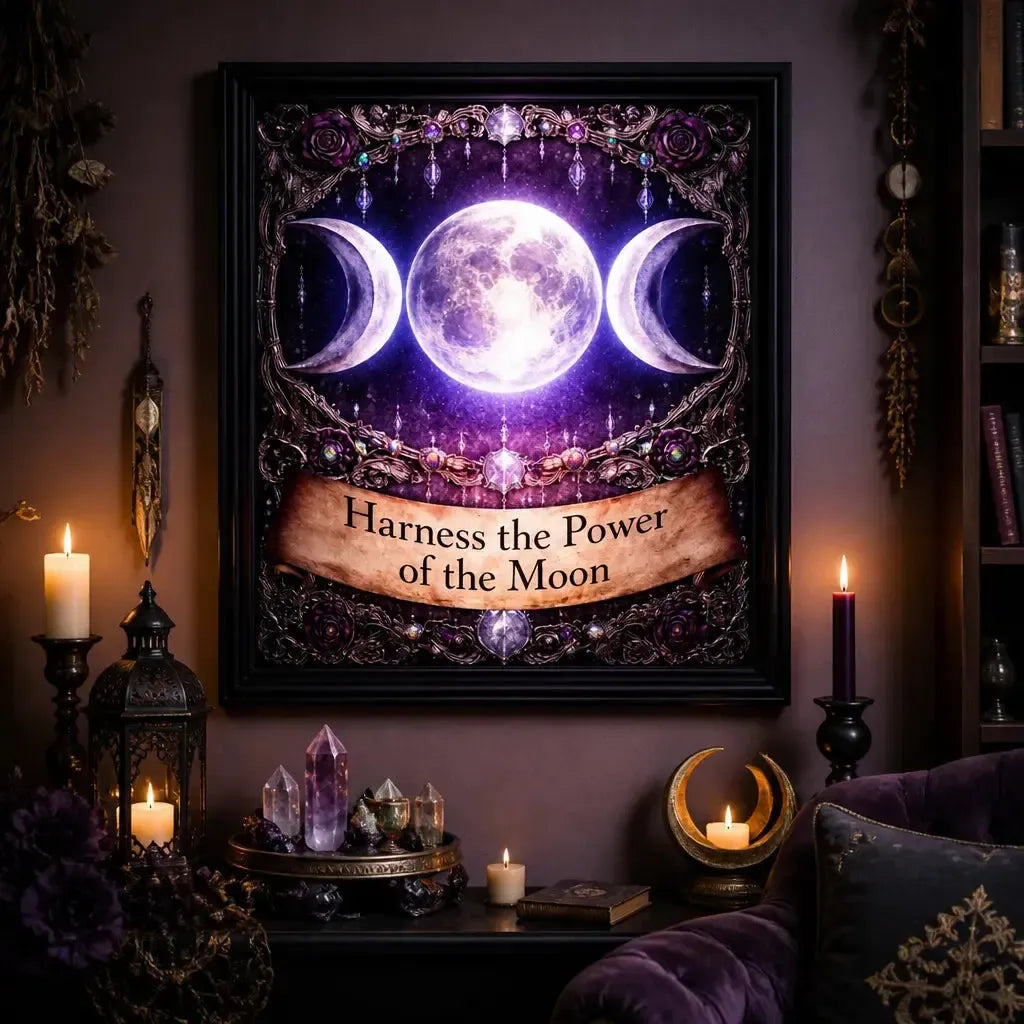 Wicca Triple Moon Canvas Wall Art - Witchy Black Framed Print for Pagan Altar & Sacred Space_mockup_1.webp