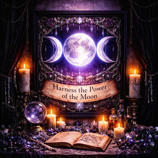 Wicca Triple Moon canvas art in a black ornate frame with candles and crystals.