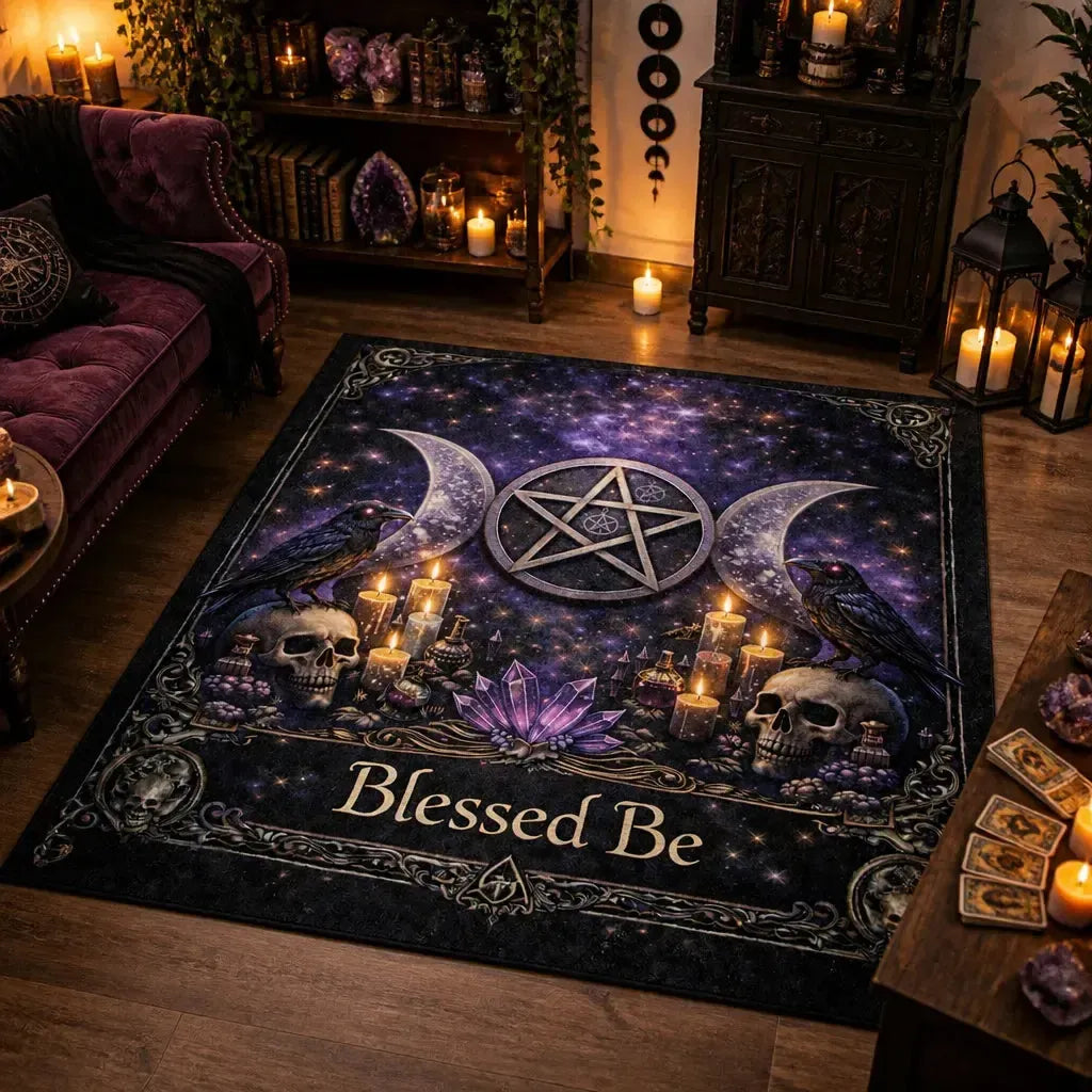 Wicca Triple Moon & Dark Crow Witchcraft Area Rug – Witchy Raven Halloween Carpet for Gothic Decor_mockup_1.webp