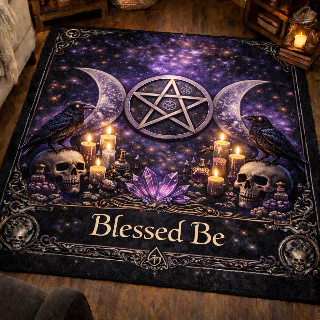 Wicca Triple Moon & Dark Crow Witchcraft Area Rug – Witchy Raven Halloween Carpet for Gothic Decor-MoonChildWorld