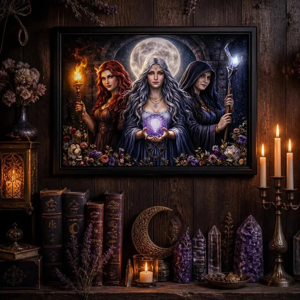 Wicca Triple Moon Goddess Canvas Wall Art - Black Framed Print for Pagan Altar Decor_mockup_2.webp