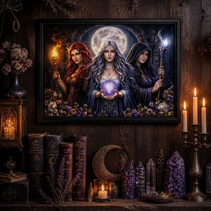 Wicca Triple Moon Goddess Canvas Wall Art - Black Framed Print for Pagan Altar Decor_mockup_2.webp