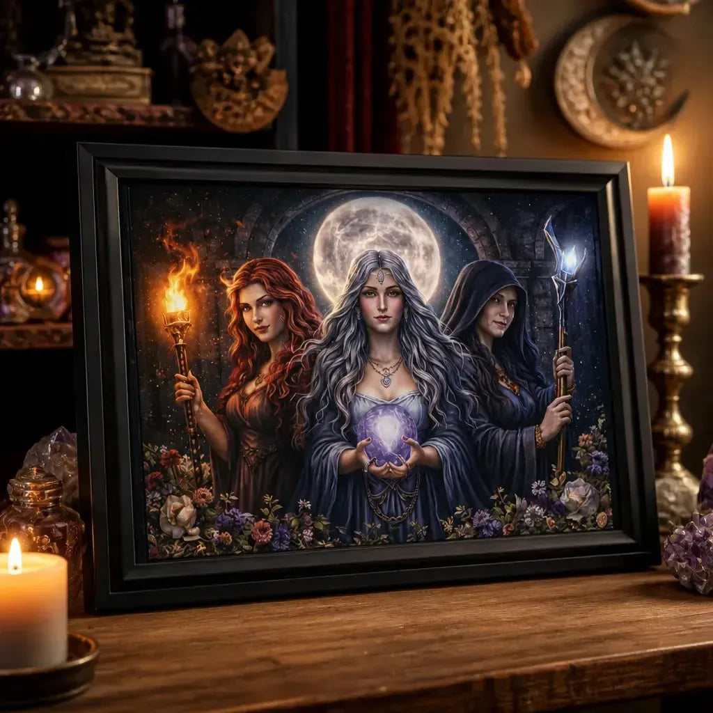 Wicca Triple Moon Goddess Canvas Wall Art - Black Framed Print for Pagan Altar Decor_mockup_3.webp