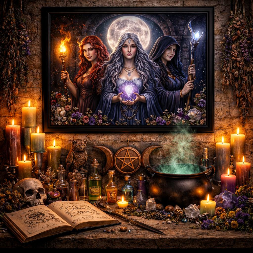 Wicca Triple Moon Goddess Canvas Wall Art - Black Framed Print for Pagan Altar Decor-MoonChildWorld