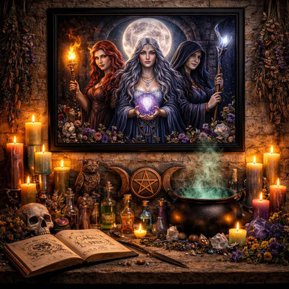 Wicca Triple Moon Goddess Canvas Wall Art - Black Framed Print for Pagan Altar Decor-MoonChildWorld