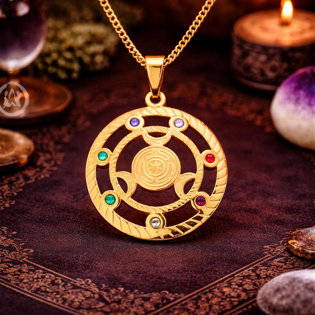 Wicca Triple Moon Goddess Hecate Wheel Rhinestones 7 Chakras Pendant Necklace Hekate Witch Jewelry-MoonChildWorld