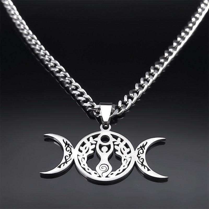 Luxurious stainless steel Wicca Triple Moon Goddess necklace, 50cm, with intricate cutout design.