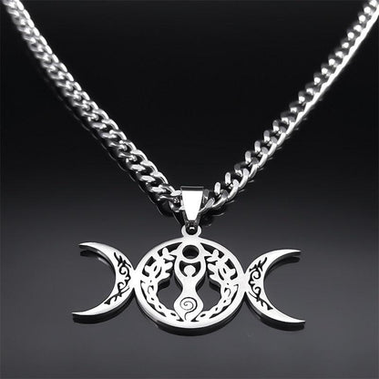 Luxurious stainless steel Wicca Triple Moon Goddess necklace, 50cm, with intricate cutout design.