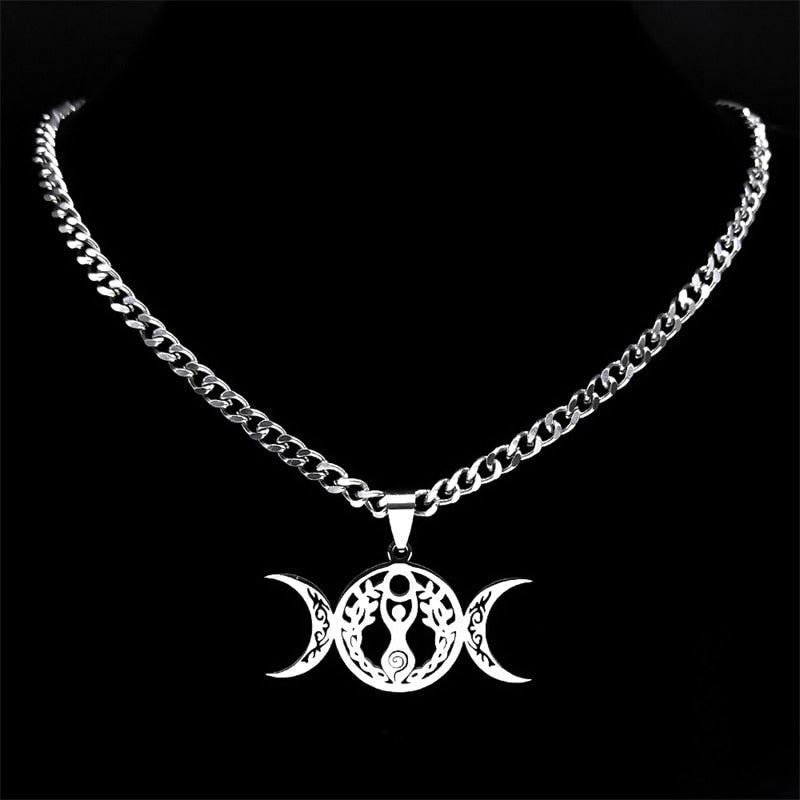 Luxurious stainless steel Triple Moon Goddess Necklace, 50cm, featuring a mystical crescent and full moon design.