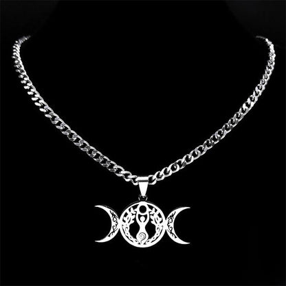 Luxurious stainless steel Triple Moon Goddess Necklace, 50cm, featuring a mystical crescent and full moon design.