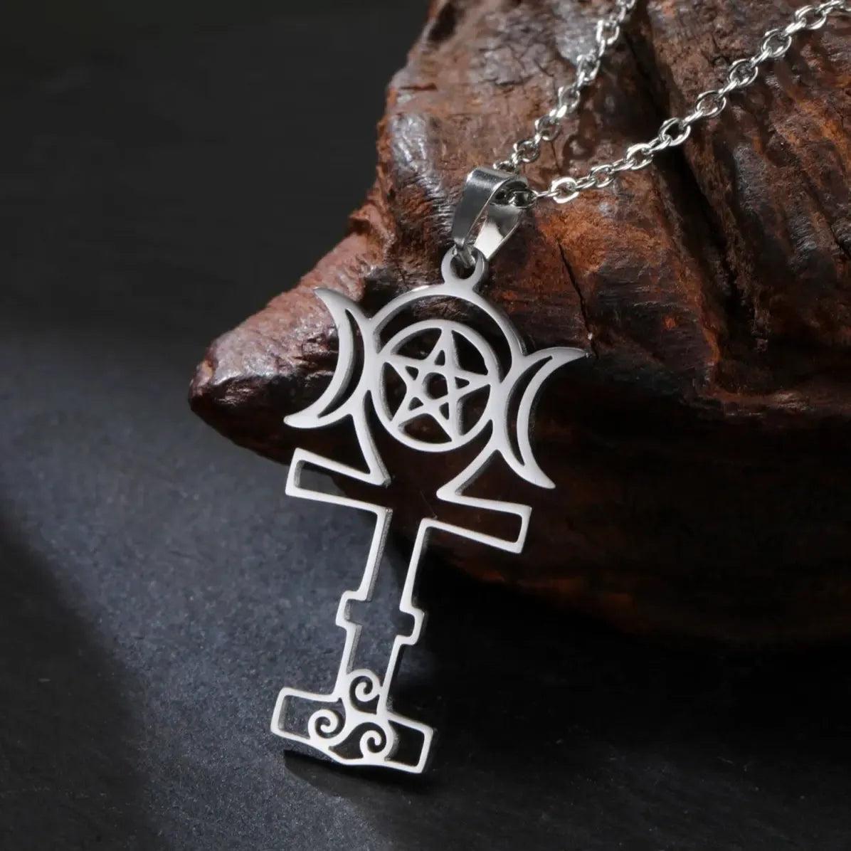 Wicca Triple Moon Goddess Necklace Egyptian Ankh Cross Necklace Wiccan Jewelry-MoonChildWorld