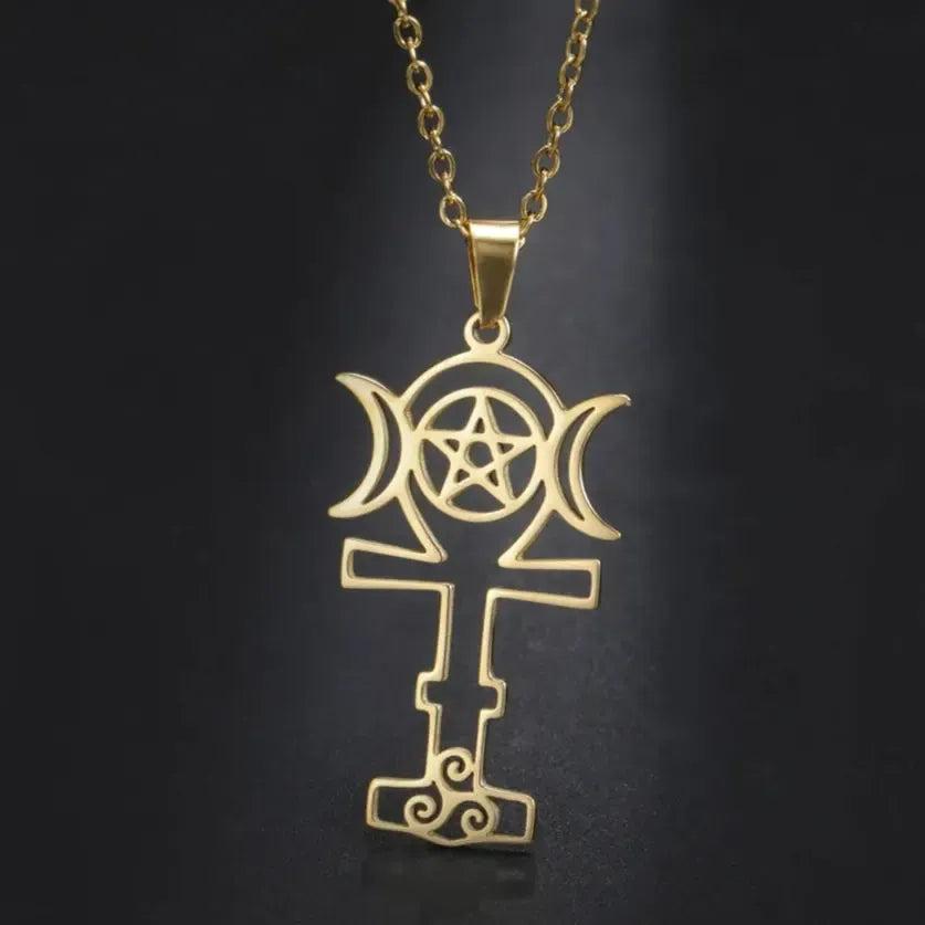 Wicca Triple Moon Goddess Necklace Egyptian Ankh Cross Necklace Wiccan Jewelry-MoonChildWorld