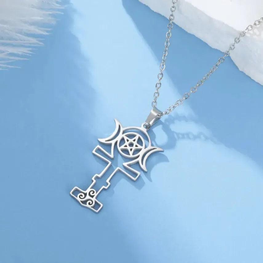 Wicca Triple Moon Goddess Necklace Egyptian Ankh Cross Necklace Wiccan Jewelry-MoonChildWorld