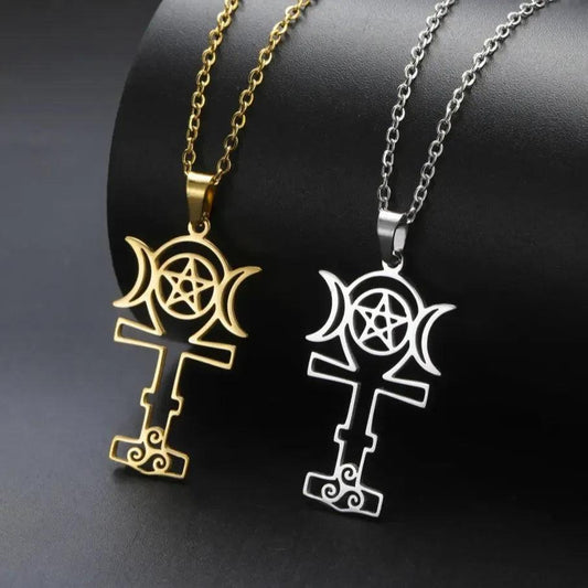 Wicca Triple Moon Goddess Necklace Egyptian Ankh Cross Necklace Wiccan Jewelry-MoonChildWorld