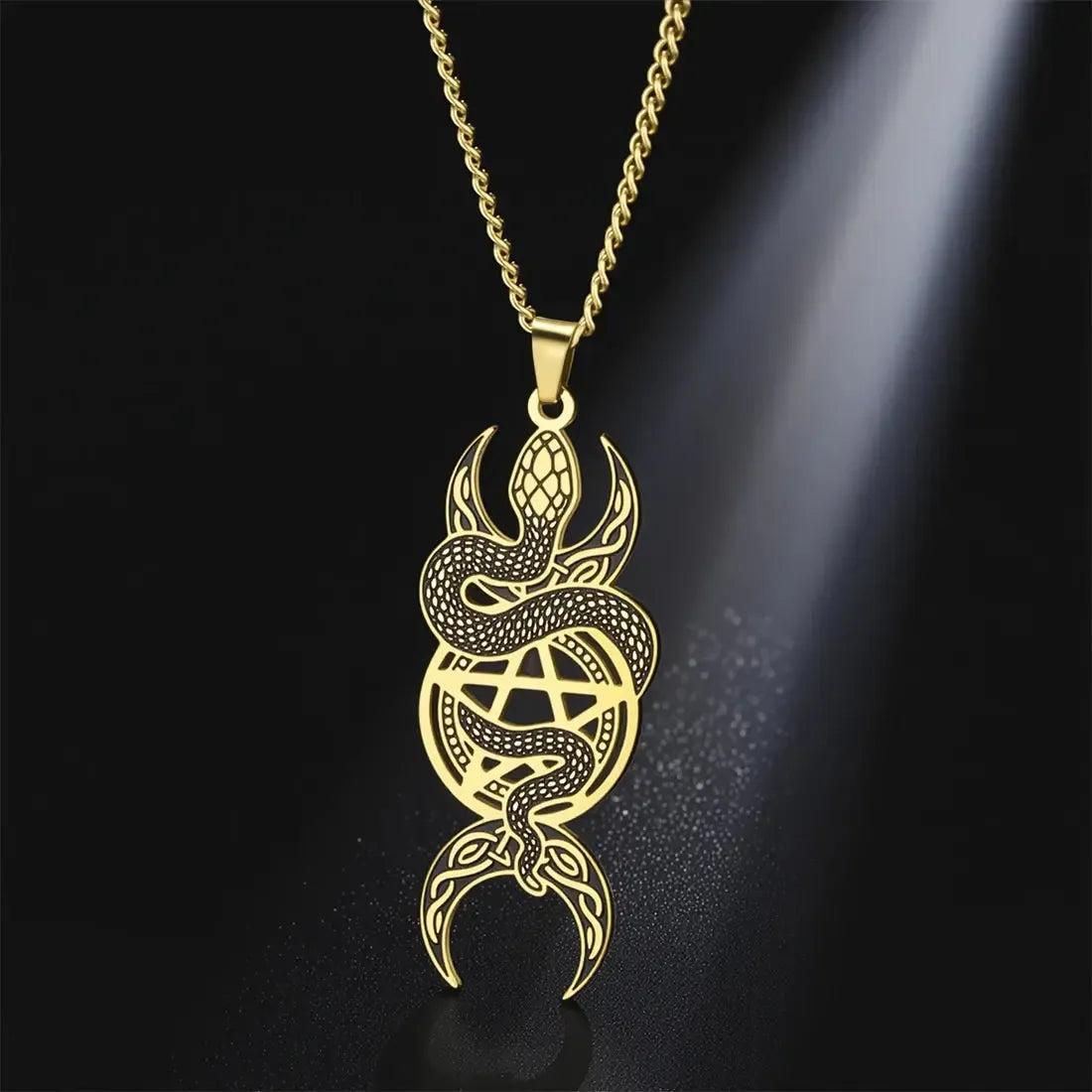 Wicca Triple Moon Goddess Necklace Gothic Pentagram Snake Necklace Witch Jewelry-MoonChildWorld