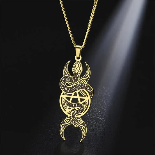 Wicca Triple Moon Goddess Necklace Gothic Pentagram Snake Necklace Witch Jewelry-MoonChildWorld