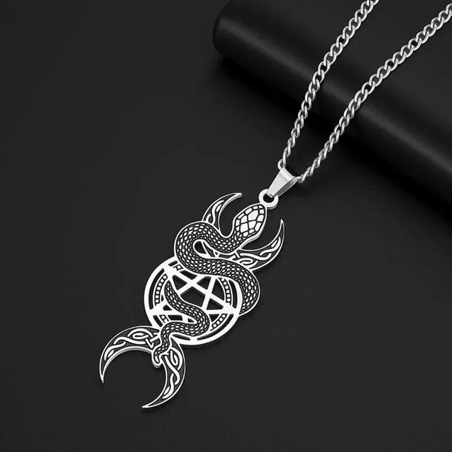 Wicca Triple Moon Goddess Necklace Gothic Pentagram Snake Necklace Witch Jewelry-MoonChildWorld