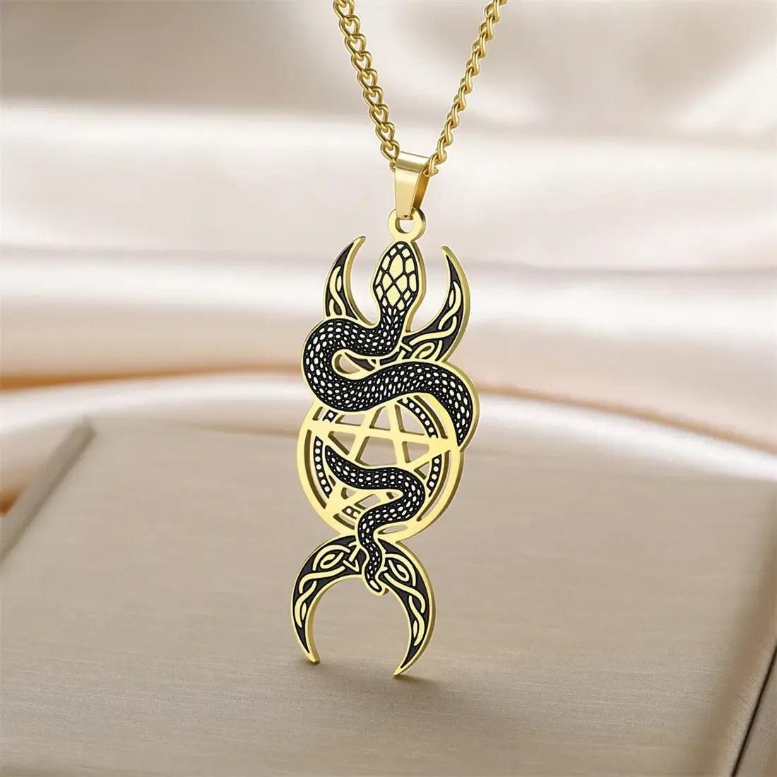 Wicca Triple Moon Goddess Necklace Gothic Pentagram Snake Necklace Witch Jewelry-MoonChildWorld