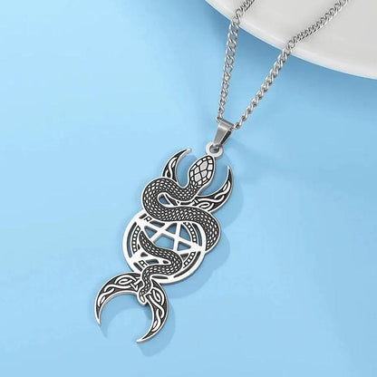Wicca Triple Moon Goddess Necklace Gothic Pentagram Snake Necklace Witch Jewelry-MoonChildWorld